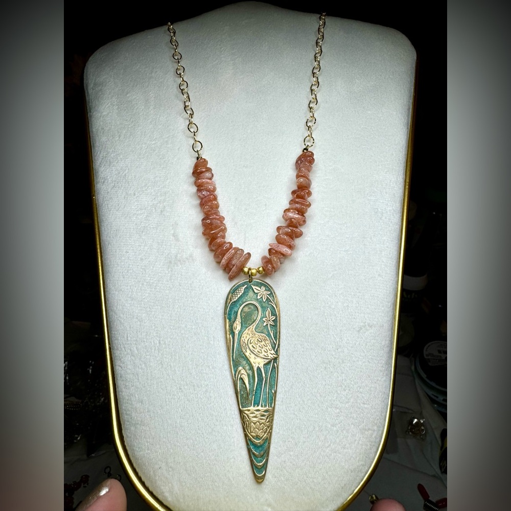 Elegant Green and Orange Necklace with Bird Pendant